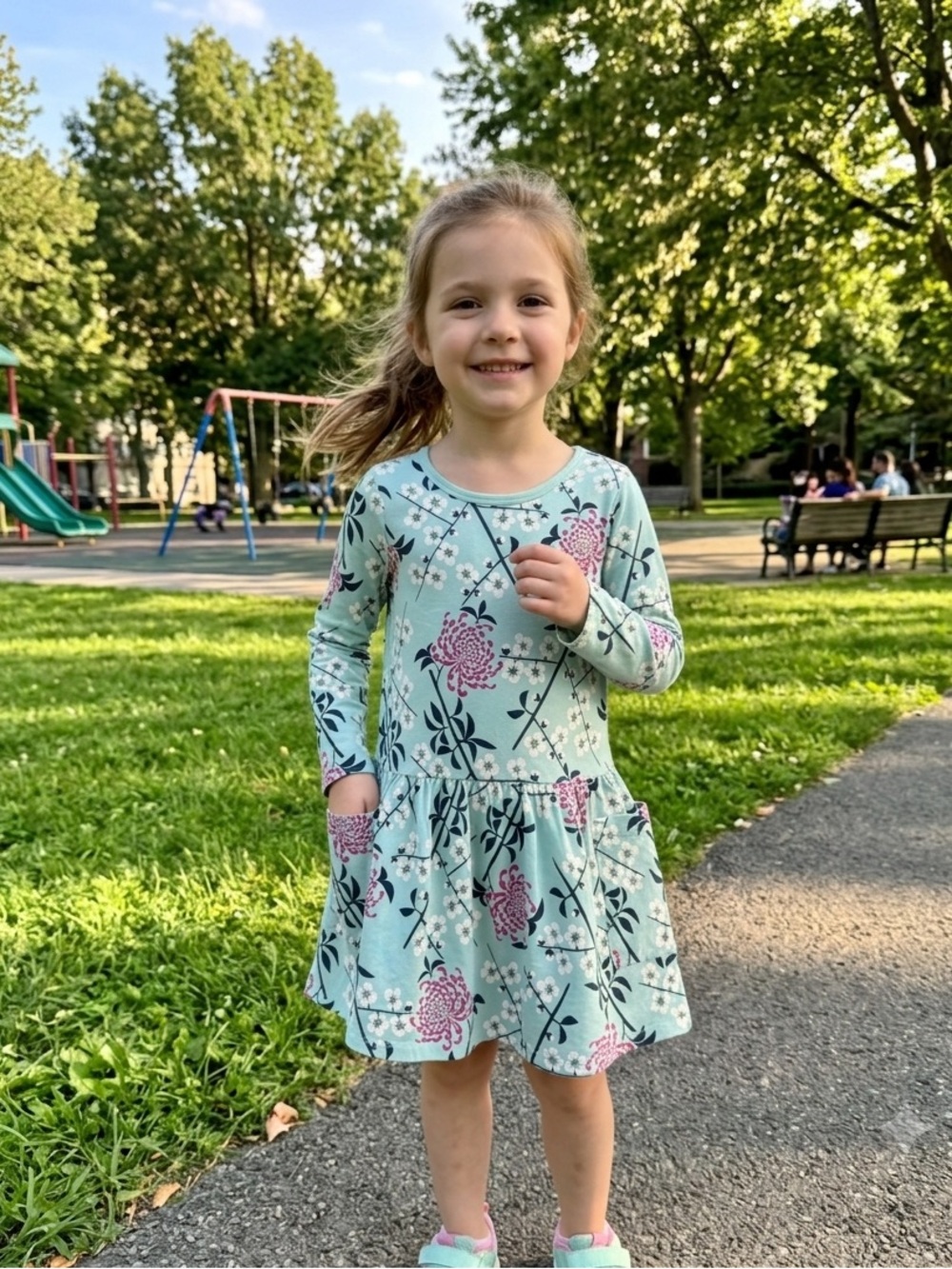 Tea Girls' Mint Floral Long-Sleeve Dress 100% cotton